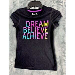 Girls T-Shirt Black Dream Believe Achieve Top Size L (10-12) Purple Blue Black
